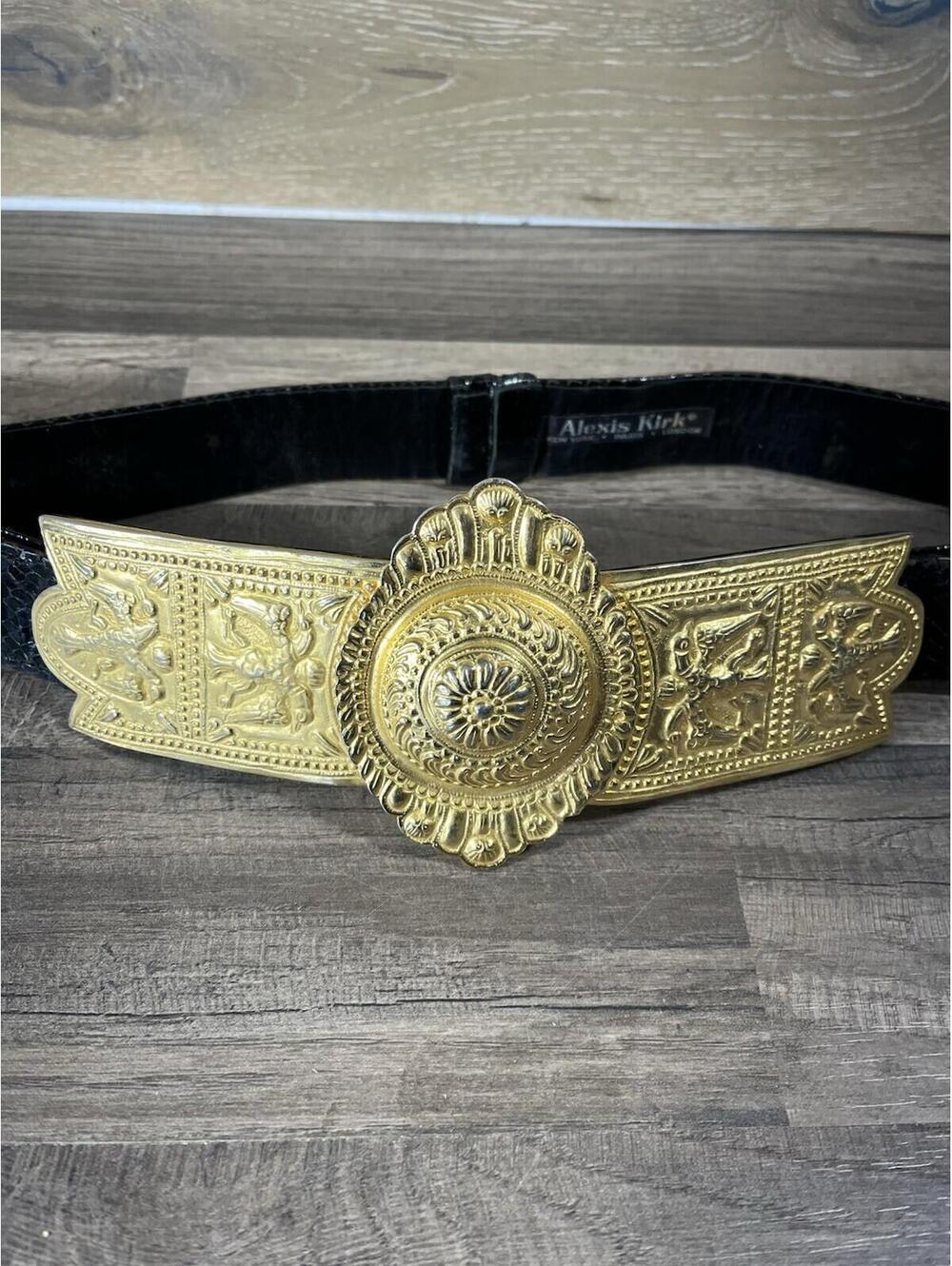 VTG Alexis Kirk Gold Shield Buckle Black Snakeskin Embossed Belt